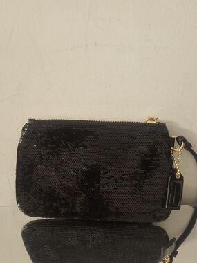 Coach Black Sequin Wristlet Clutch with Gold Hardware